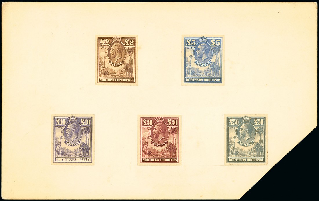 1925 £2 brown, £5 light blue, £10 lilac, £30 red-brown and £50 grey imperforate proofs in issued colours, mounted on board (202x126mm.). An exceptionally rare group.